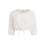 Emporio Sirenuse presents the New Jinny Blue Horizon Top, a white long-sleeve button-up blouse with a round neckline and adjustable drawstring hem, inspired by the relaxed elegance of a linen cropped top, shown on a plain background.
