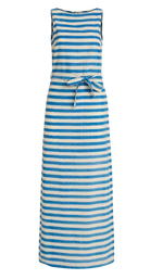 The Kimi Ikat Stripes Dress by Emporio Sirenuse is a sleeveless, ankle-length piece featuring blue and white handwoven Ikat stripes and a matching waist tie belt for an artisanal finish.