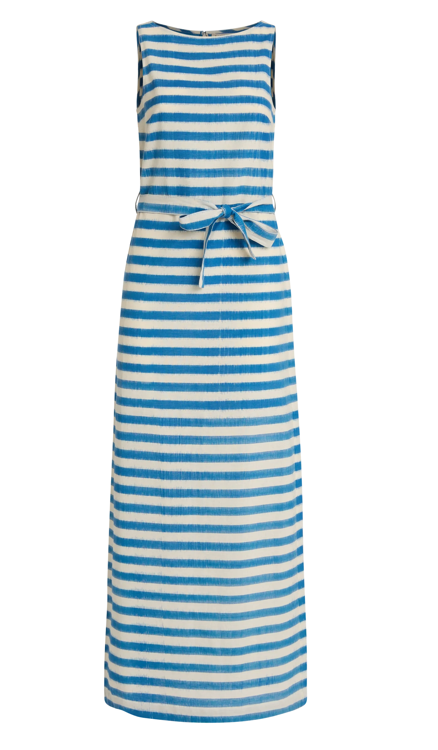 The Kimi Ikat Stripes Dress by Emporio Sirenuse is a sleeveless, ankle-length piece featuring blue and white handwoven Ikat stripes and a matching waist tie belt for an artisanal finish.