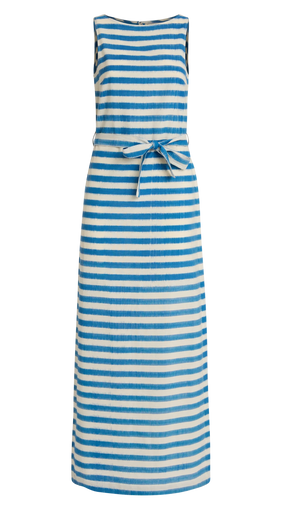 The Kimi Ikat Stripes Dress by Emporio Sirenuse is a sleeveless, ankle-length piece featuring blue and white handwoven Ikat stripes and a matching waist tie belt for an artisanal finish.