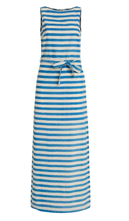 The Kimi Ikat Stripes Dress by Emporio Sirenuse is a sleeveless, ankle-length piece featuring blue and white handwoven Ikat stripes and a matching waist tie belt for an artisanal finish.