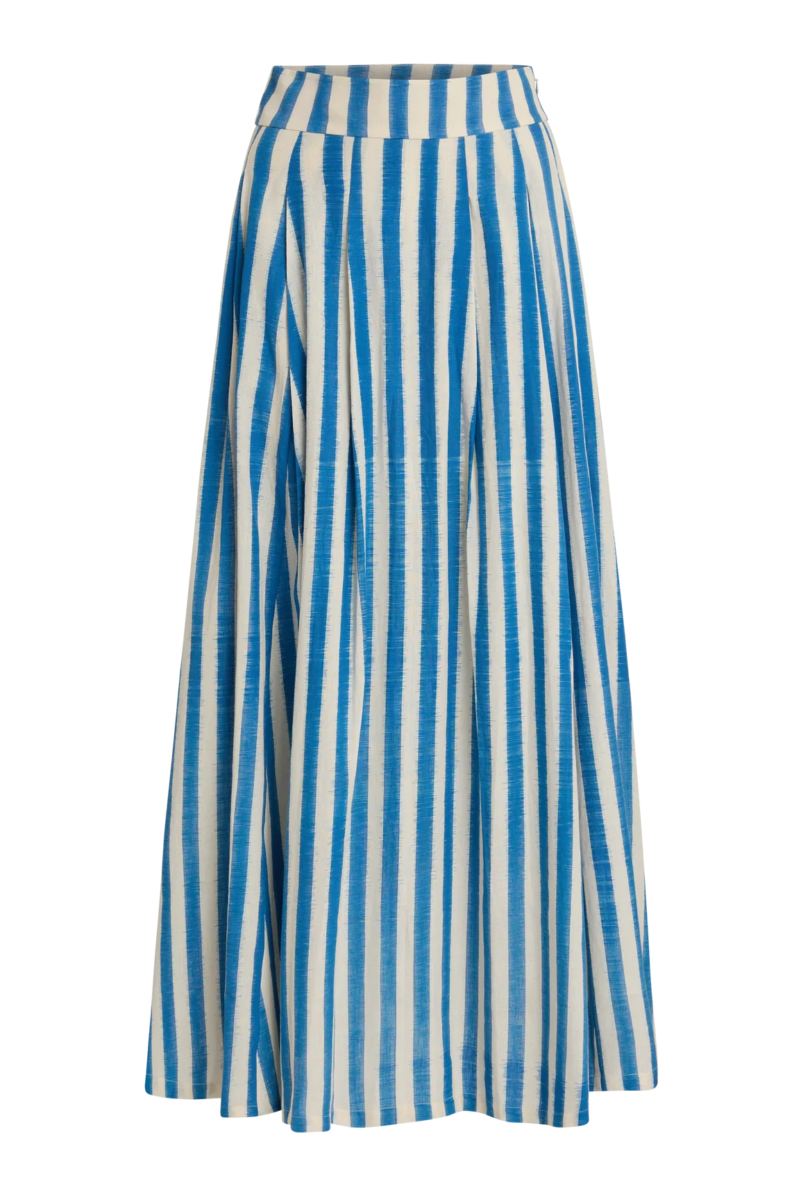 The Flaminia Ikat Stripes Skirt by Emporio Sirenuse is a long, high-waisted design with handwoven blue and white Ikat stripes, a wide waistband, and a flared, flowing silhouette.