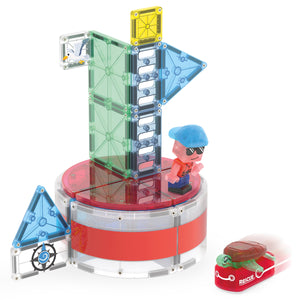 The Magnatiles Lighthouse 26-Piece Set features colorful magnetic tiles that can be assembled into a tower with a ladder and a platform, includes a toy figure in sunglasses and a blue hat, and comes with a small red rescue vehicle. This dynamic building set inspires imaginative lighthouse rescue adventures for kids.
