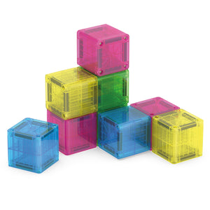 Nine translucent plastic cubes in pink, yellow, green, and blue from the MicroMags Cubes 9-Piece Set by Magnatiles are stacked in a loose pyramid shape on a white background, highlighting their versatility as creative building toys.