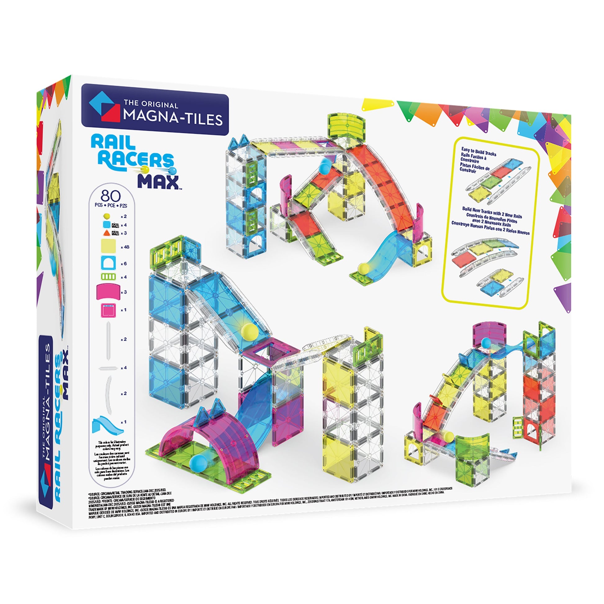 Box of Magnatiles Rail Racers Max 80-Piece Set, featuring vibrant magnetic track pieces, race cars, marble run creations, and product details on a white background—the ideal MAGNATILES expansion for creative building fun.
