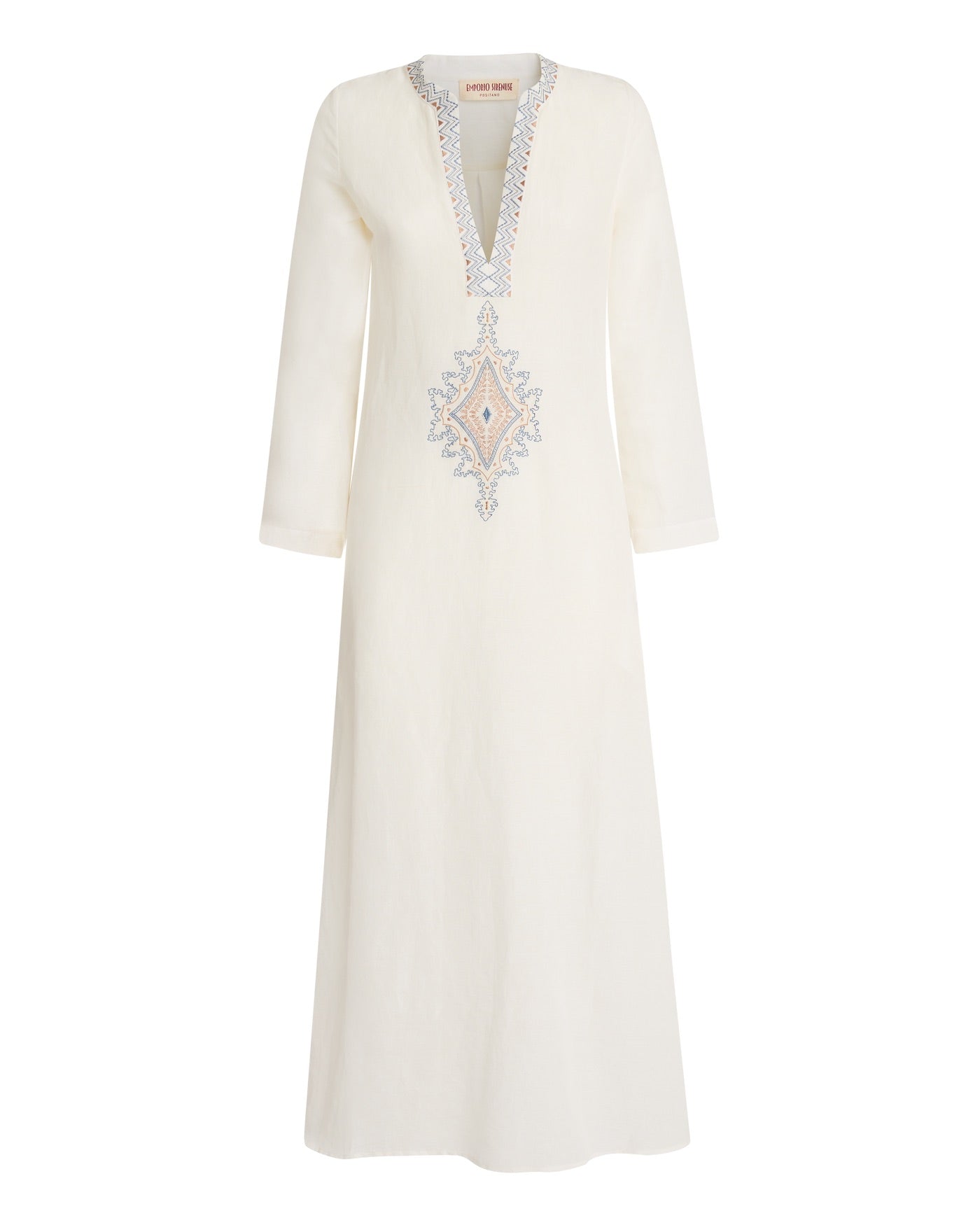 The Jenna Meridiana Dress by Emporio Sirenuse is a long-sleeve white linen-cotton blend, detailed with blue and tan Meridiana embroidery along the V-neck and chest for a touch of effortless elegance.