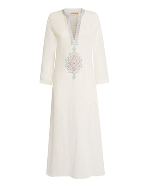 The Jenna Meridiana Dress by Emporio Sirenuse is a long-sleeve white linen-cotton blend, detailed with blue and tan Meridiana embroidery along the V-neck and chest for a touch of effortless elegance.