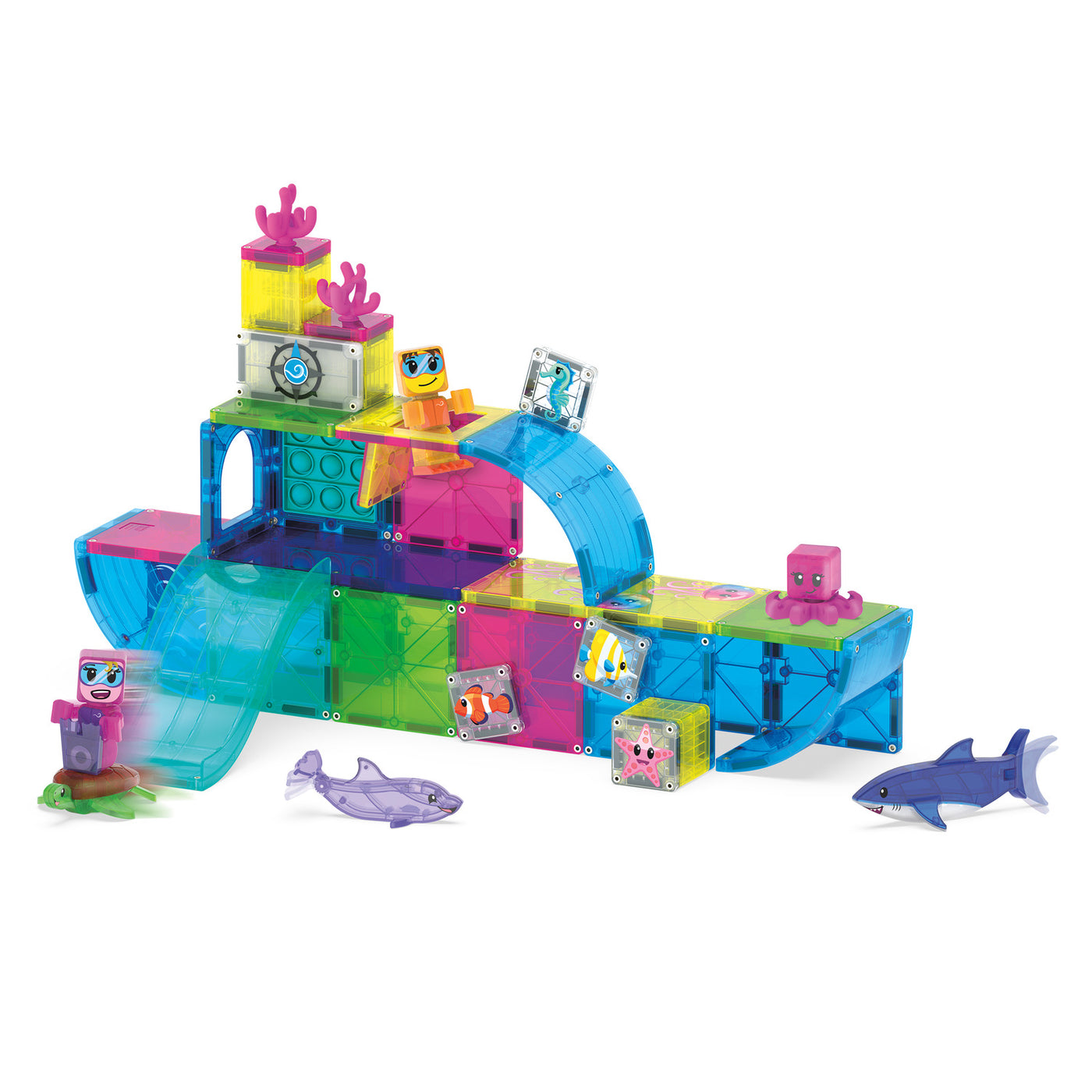 Dive into imaginative play with the MAGNATILES® Undersea Adventure 58-Piece Set! This colorful, translucent magnetic building set lets kids create a submarine shape surrounded by toy sea animals and blocks featuring fun cartoon faces—perfect for sparking undersea adventures and creative exploration. Ideal for fans of MAGNA-TILES!.