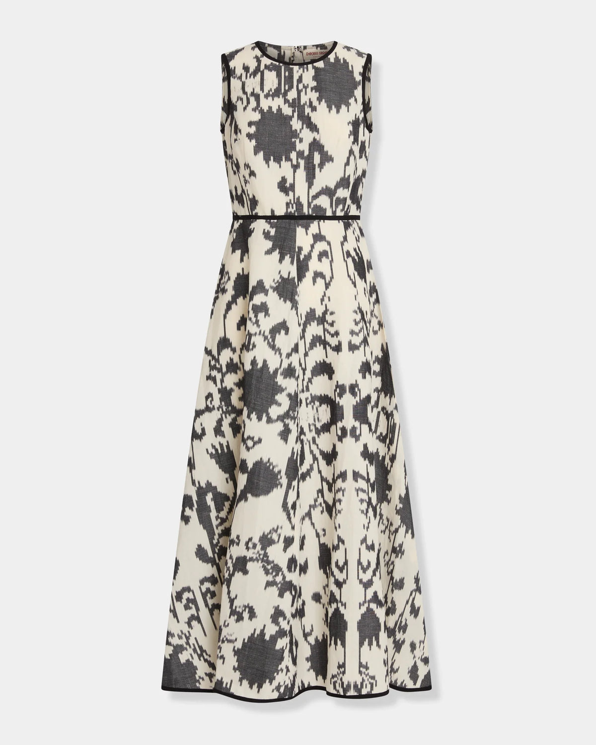 Clodette Ikat Blossom Dress, a sleeveless A-line midi dress in cream and charcoal floral print with solid black trim at the neckline, waist, and hem.