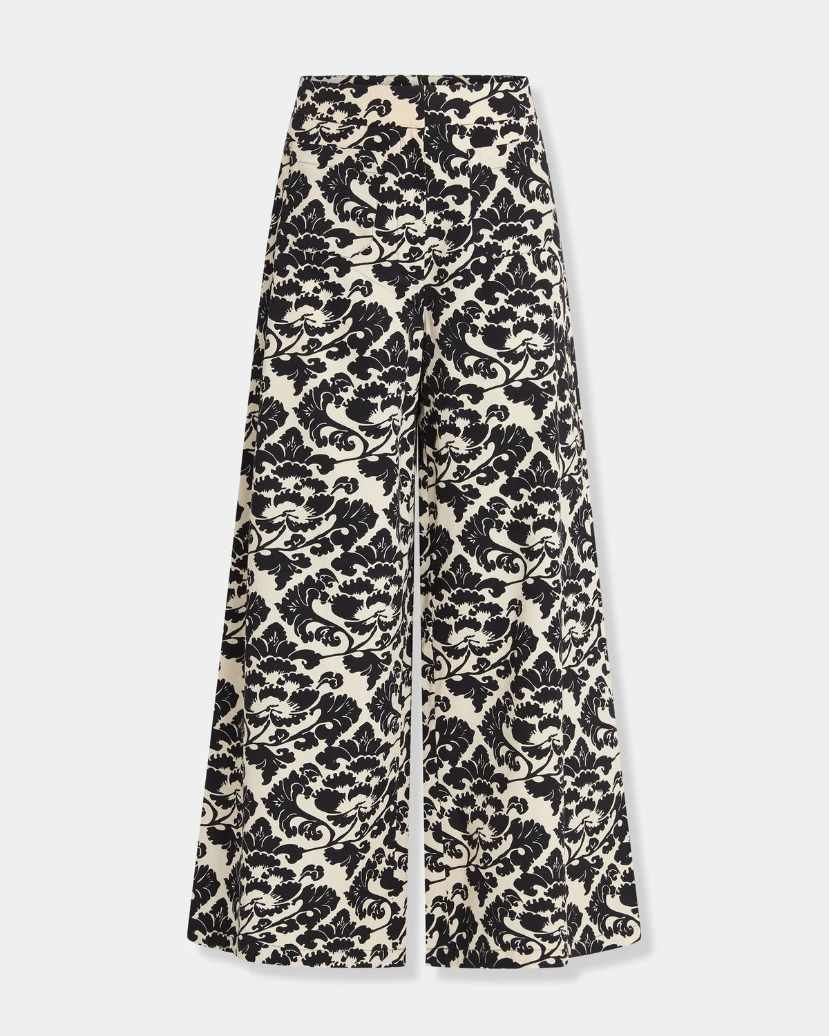 Emporio Sirenuse Adele Lotus Flower pants with a wide-leg silhouette and a black and white floral damask print.