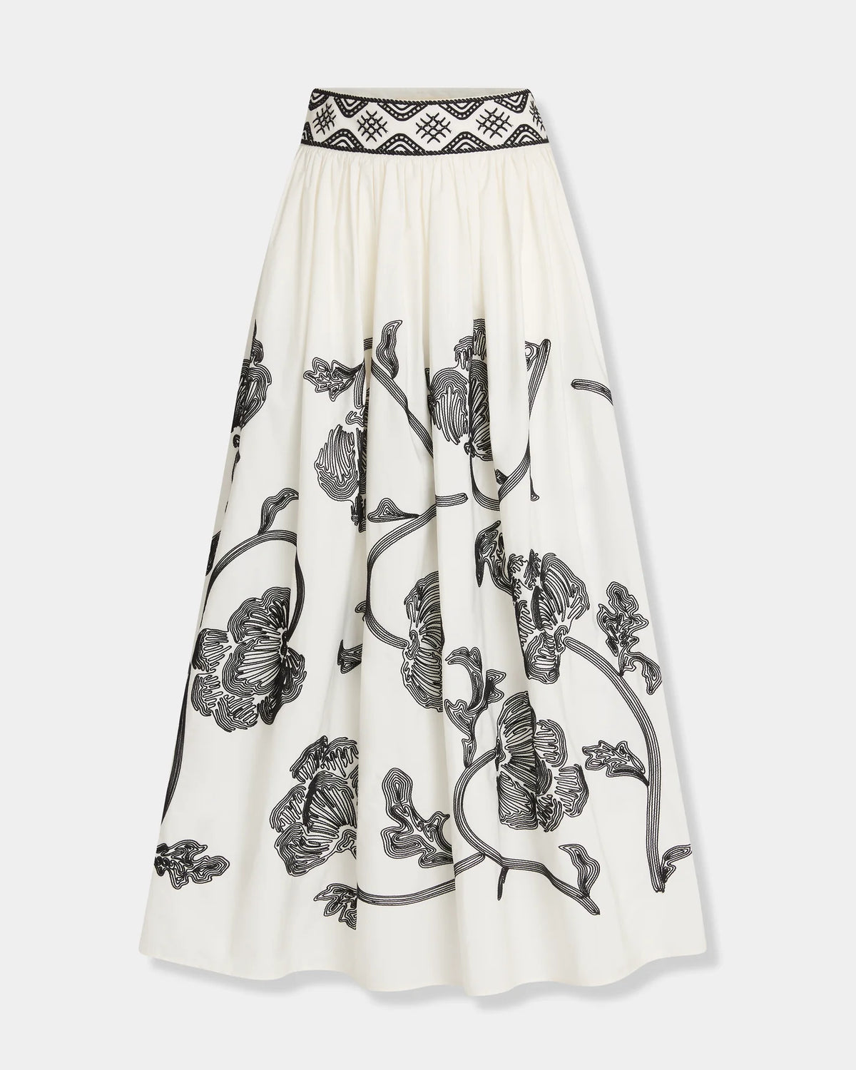 Emporio Sirenuse Ombretta Peony Embroidery Skirt in cream-colored cotton poplin, featuring black peony embroidery and a black patterned waistband.