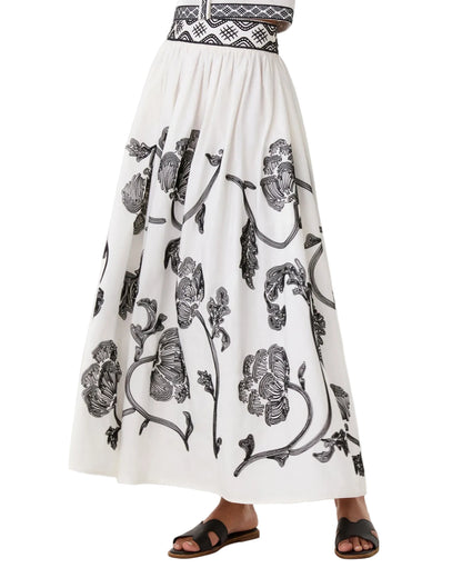 Emporio Sirenuse Ombretta Peony Embroidery Skirt in white cotton poplin with a black patterned waistband and delicate peony embroidery.