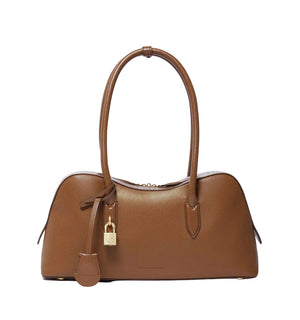 The Ryder Shoulder Bag by Stella McCartney is a brown vegan bag with two handles, gold-tone lock and hardware, and a structured rectangular shape displayed on a white background.