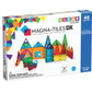 The MAGNA-TILES® Clear Colors 48-Piece Set by Magnatiles features colorful magnetic tiles for building structures, a toy car, and text indicating it is suitable for ages 3-99.