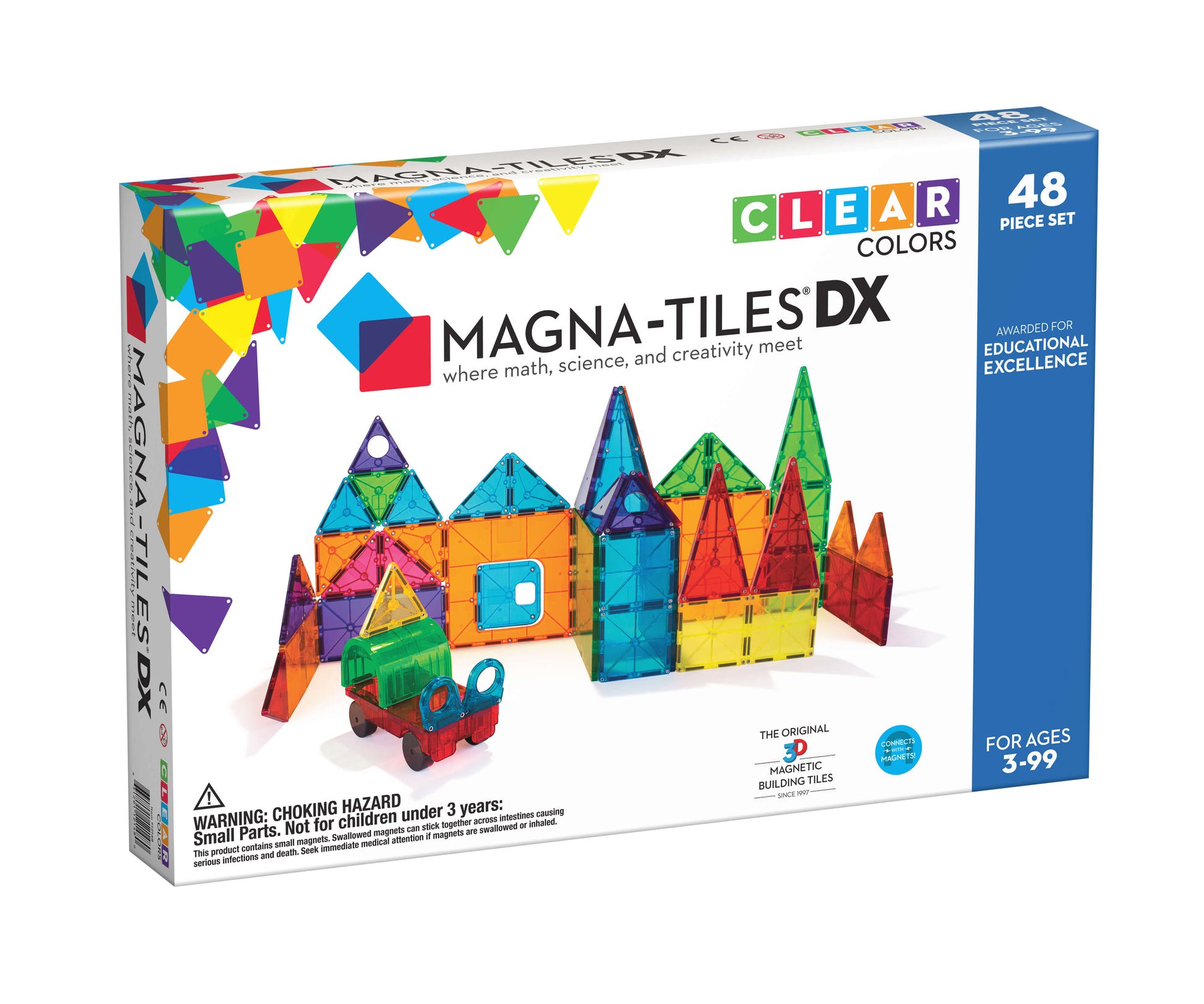 The MAGNA-TILES® Clear Colors 48-Piece Set by Magnatiles features colorful magnetic tiles for building structures, a toy car, and text indicating it is suitable for ages 3-99.