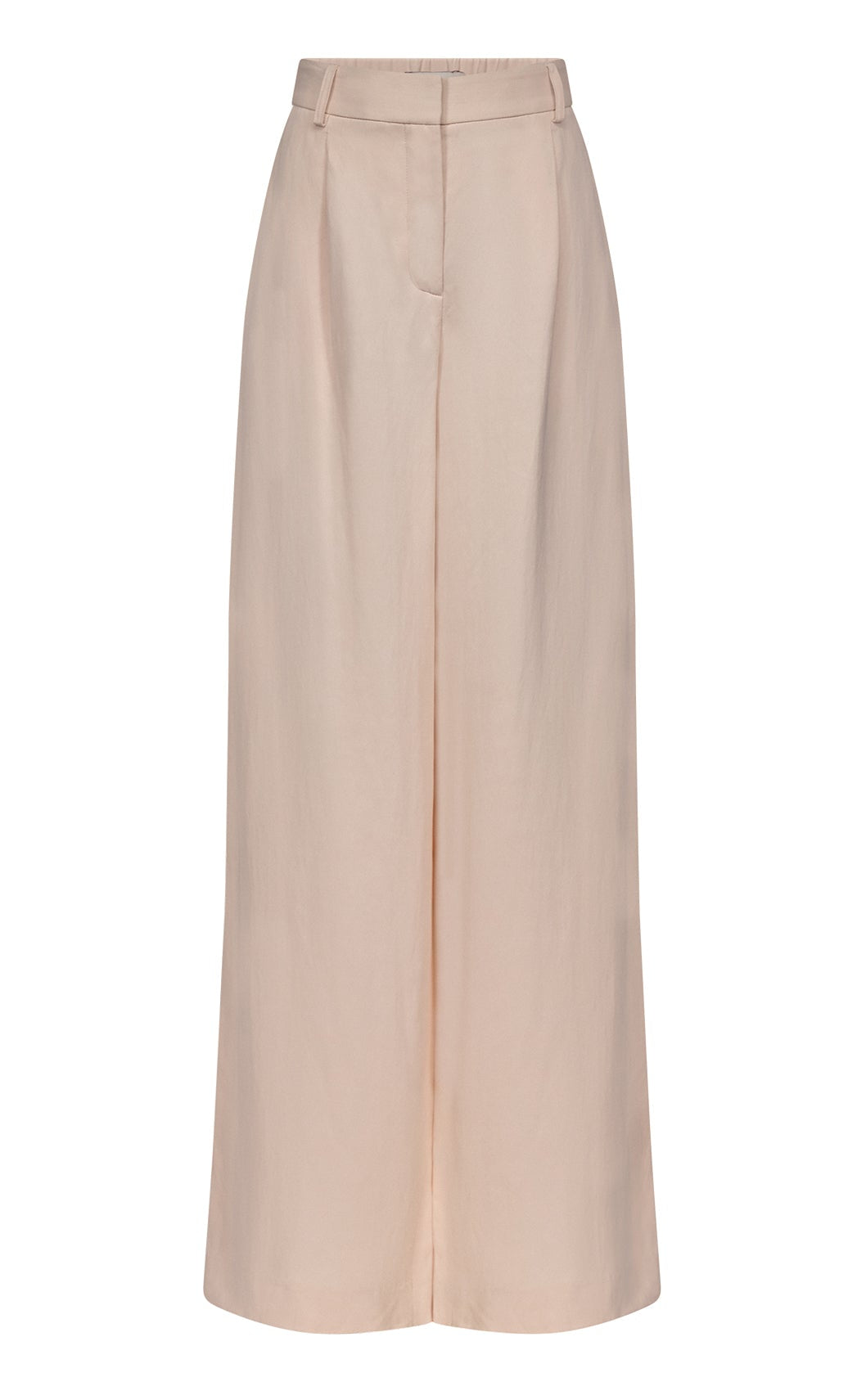 The TWP Hudson St Pant is a beige wide-leg style with a high waist, belt loops, and a concealed front zip closure, shown against a plain white background.