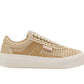 The Lanvin Cash Sneakers feature a beige woven design with a wedge-shaped white sole, tan leather accents, side logo tab, and lace-up style that embody urban contemporary fashion.