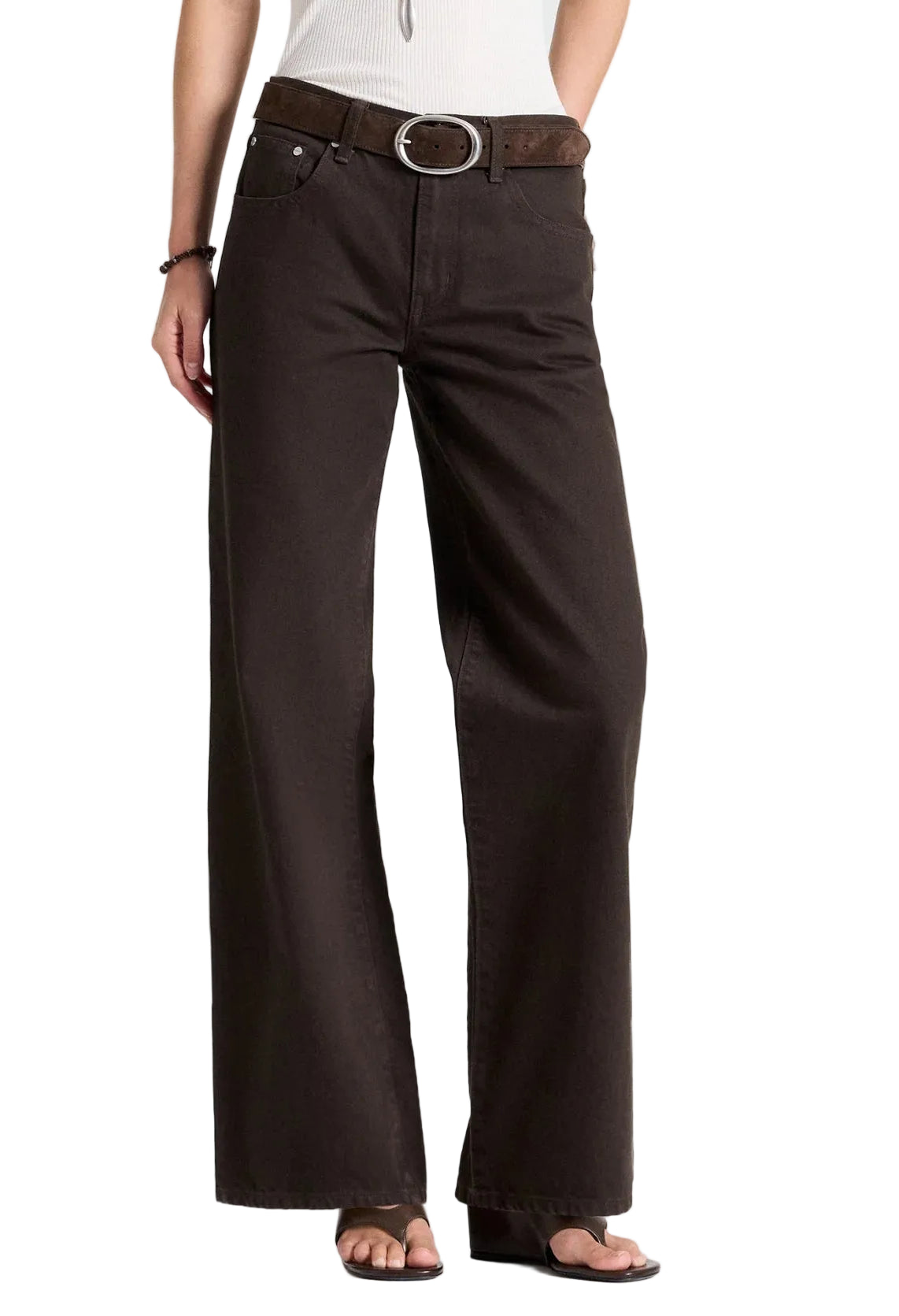 TWP Harvest Moon Jean in dark chocolate denim, featuring a high-waisted, wide-leg fit and a thin brown belt with a silver oval buckle.