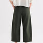 Person seen from behind wearing a white striped shirt, TWP Slouchy BF Cotton Linen Twill Trouser in dark green, and brown sandals.