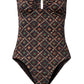 Explore the Ulla Johnson Monterey Maillot One Piece, a strapless swimsuit showcasing an eye-catching geometric pattern in brown, green, and red. Designed with an elegant sweetheart neckline, this exquisite piece seamlessly blends contemporary style with classic sophistication.