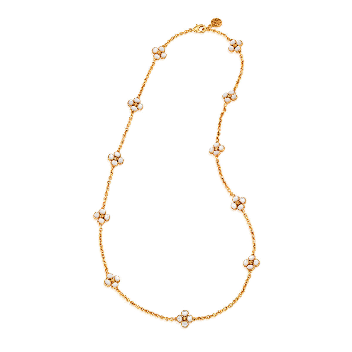 The Juliska Capucine De Wulf Berry Clover Double Sided Necklace features multiple white clover motifs evenly spaced along a double-sided station chain.