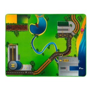 An image of a play mat featuring a road and river, perfect for vehicle play or train set designs by Brio World.