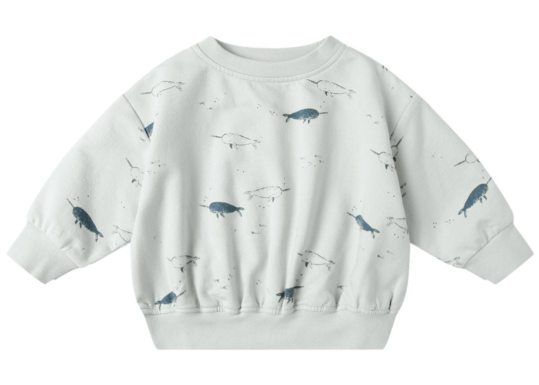 Cozy essential alert: The Quincy Mae Baby Boys' and Boys' Relaxed Fleece Sweatshirt features light gray fabric with playful blue and gray narwhals, perfect to keep kids comfy and stylish.