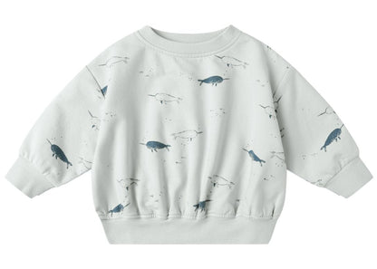 Cozy essential alert: The Quincy Mae Baby Boys' and Boys' Relaxed Fleece Sweatshirt features light gray fabric with playful blue and gray narwhals, perfect to keep kids comfy and stylish.