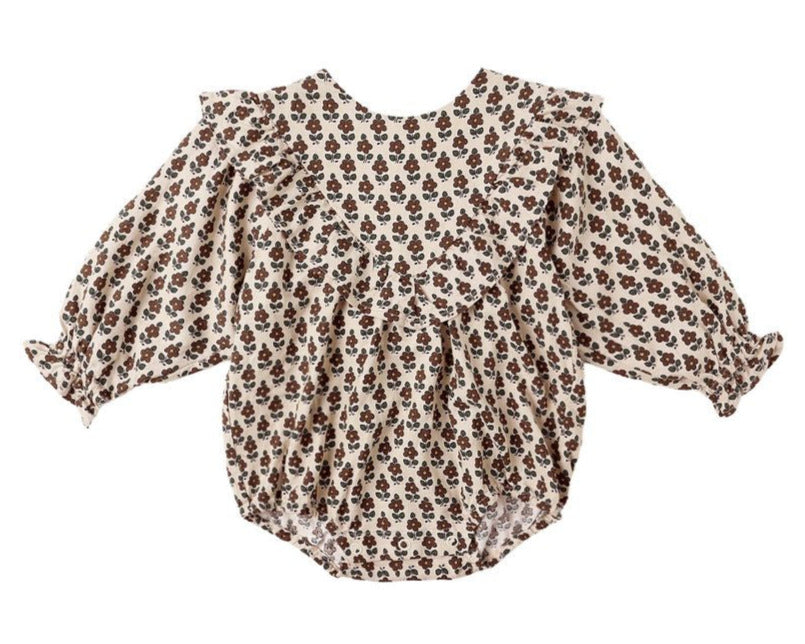 The Baby Girls' Winnie Romper by Rylee & Cru features a bubble silhouette, long sleeves, ruffled shoulders, and an all-over brown floral print on beige, plus bottom snaps for easy changing.