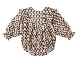 The Baby Girls' Winnie Romper by Rylee & Cru features a bubble silhouette, long sleeves, ruffled shoulders, and an all-over brown floral print on beige, plus bottom snaps for easy changing.