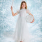 A girl wearing the Tutu du Monde Girls’ Snow Queen Tutu Dress, complete with a flowing white tulle skirt and sparkling tiara, stands in a snowy, icy landscape. She holds a wand in one hand and a shimmering ball in the other, with a majestic castle rising in the background.