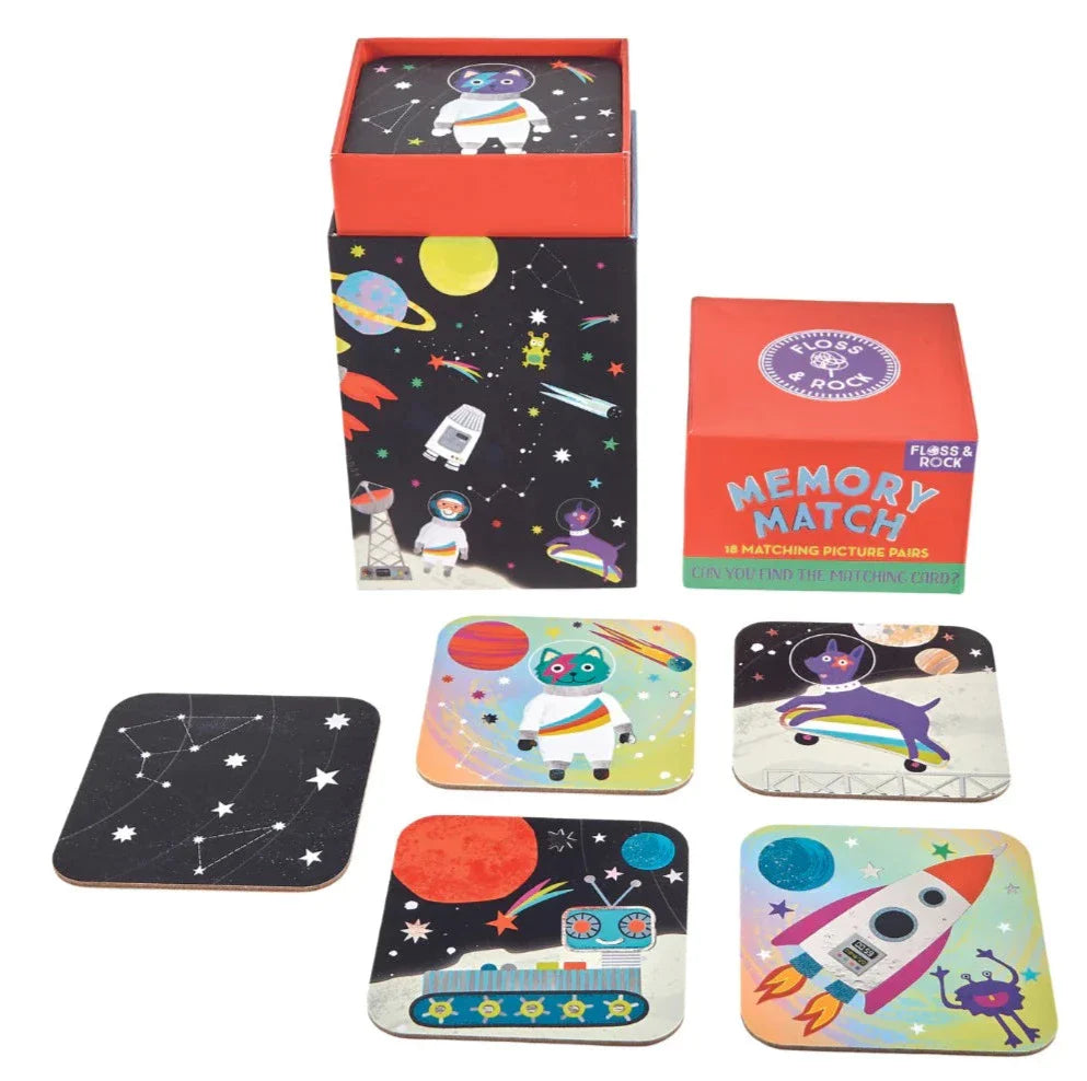 Floss & Rock Memory Match, Space with space-themed cards to boost cognitive skills. Box lid is removed; four cards with illustrations of spaceships, astronauts, and planets are displayed, ready for matching picture pairs by Floss and Rock.