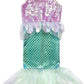 The Misty Mermaid Dress by Great Pretenders features a sleeveless design with a purple iridescent sequin bodice, ruffled waist, green scale-patterned skirt, and shimmery tail hem—perfect for any sea princess costume.