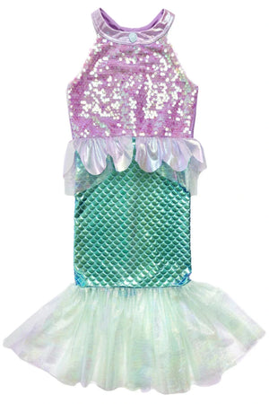 The Misty Mermaid Dress by Great Pretenders features a sleeveless design with a purple iridescent sequin bodice, ruffled waist, green scale-patterned skirt, and shimmery tail hem—perfect for any sea princess costume.