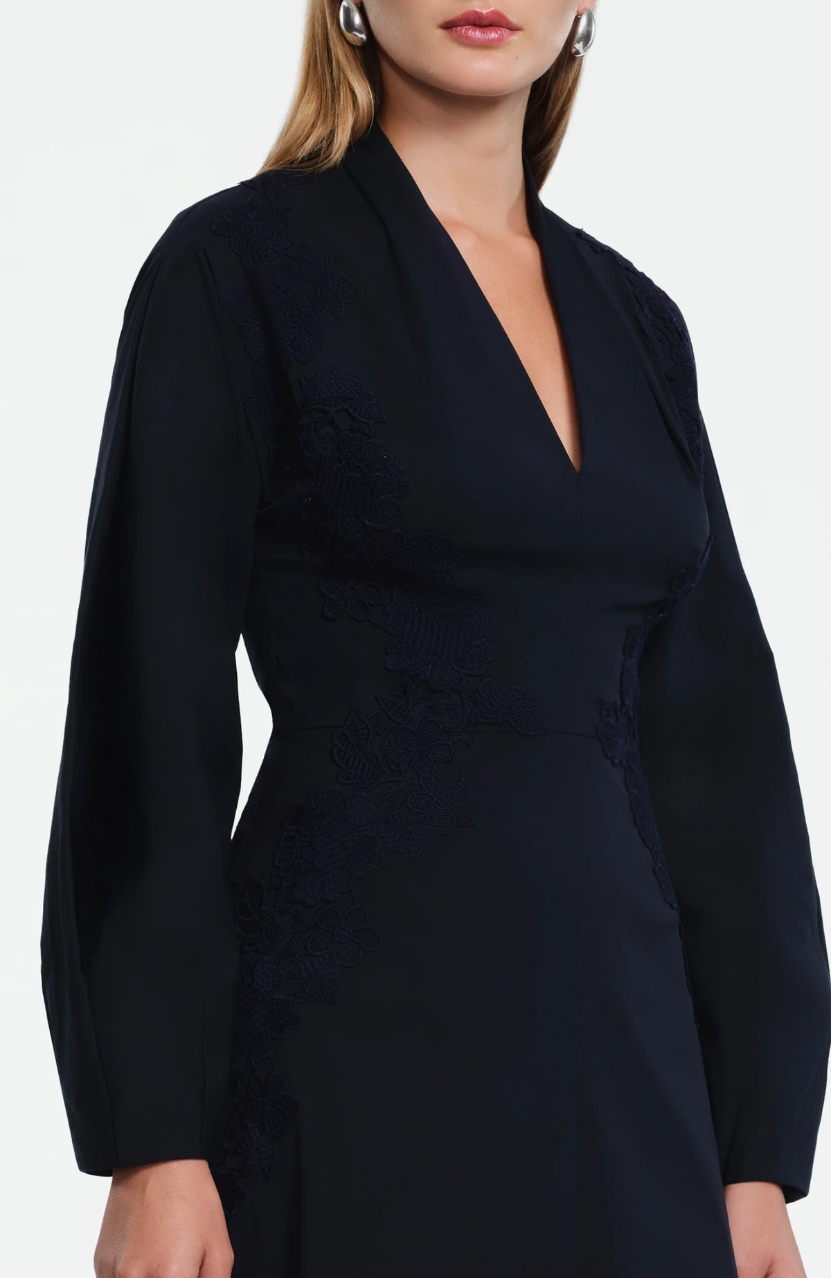 Lela Rose Macrame Lace Detail Dress in navy cotton poplin, featuring an A-line silhouette, V-neckline, and decorative lace detailing along the bodice.