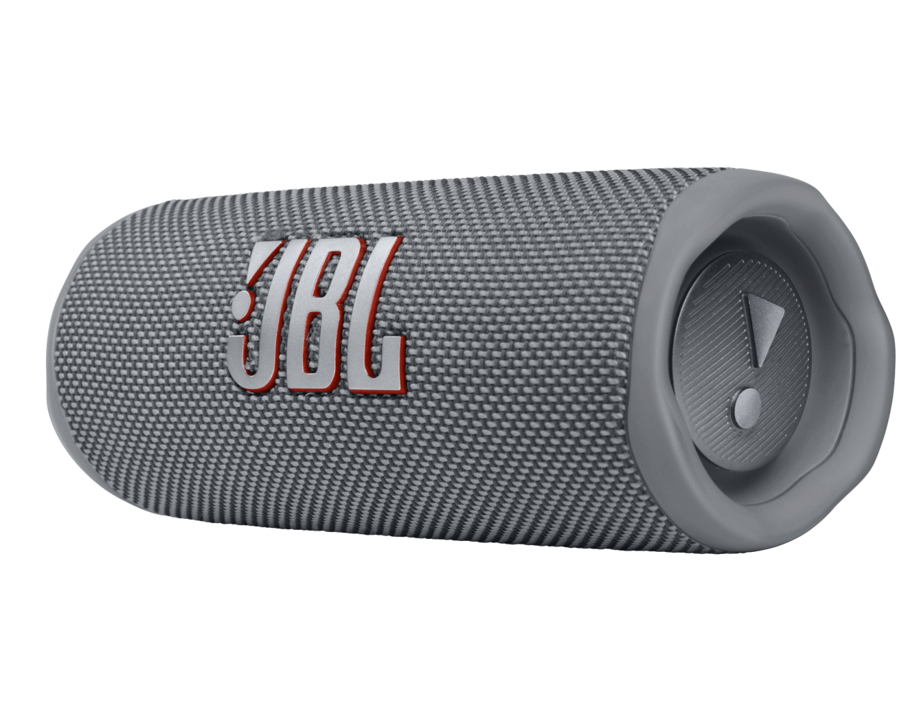 The JBL Flip 6 Waterproof Bluetooth Speaker in gray, featuring a mesh texture and side control button with iconic branding, offers powerful sound for any adventure.