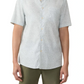 Wearing a Faherty Short-Sleeve Movement™ Monterey Shirt, person stands against a plain white background in an olive green shorts ensemble. The shirt is light-patterned and made from wrinkle-resistant Supima cotton.