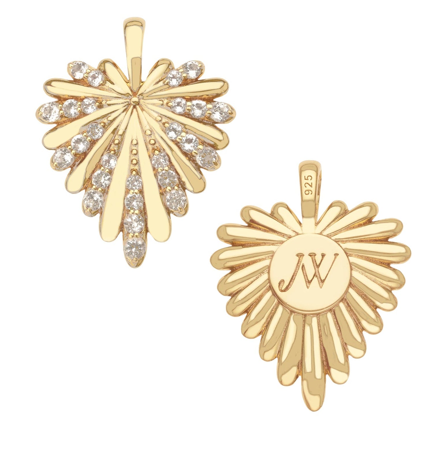 The Jane Win Pendant Necklace Collection features two gold leaf-shaped pendants: one with sparkling clear stones, the other engraved with "JW" initials and a "925" stamp—meaningful jewelry for commemorating any milestone.