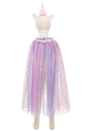 Child's Great Pretenders Rainbow Unicorn Cape and Headband with a pastel tulle skirt and a horned headband featuring sparkly sequins.