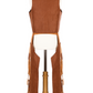 The Great Pretenders Cowboy Vest and Chaps, designed for ages 7-8, is elegantly showcased on a mannequin from the back view, featuring brown fringed leather and long decorative panels that evoke a rugged western charm.