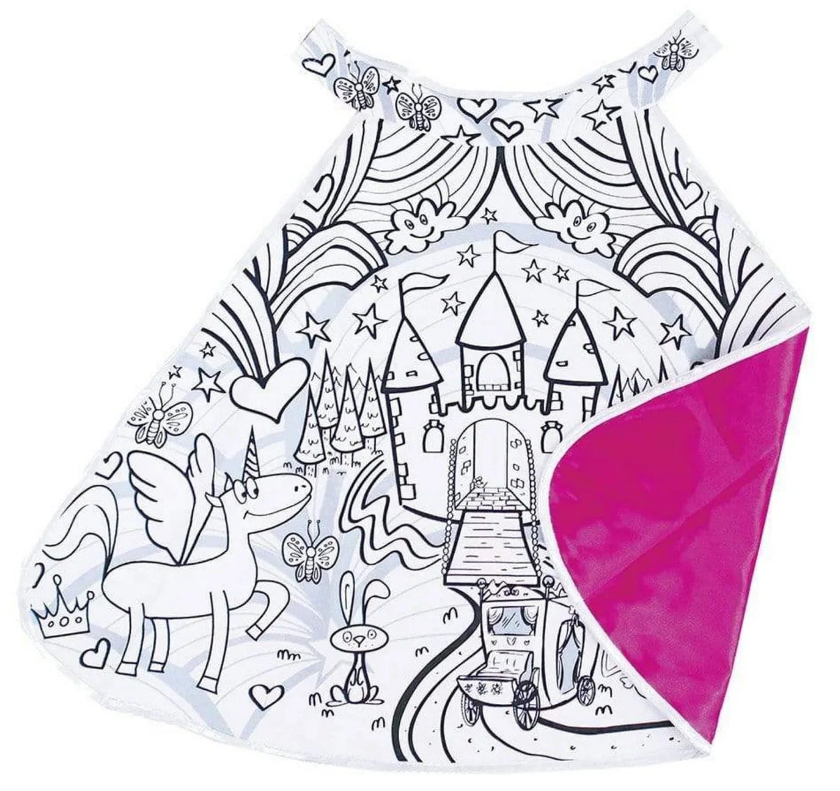 Great Pretenders Princess Color in Cape, designed for ages 4-7, features whimsical black-and-white illustrations of a unicorn, castle, and butterflies that kids can color in themselves. With its soft pink lining, this cape is a magical addition to any princess costume.