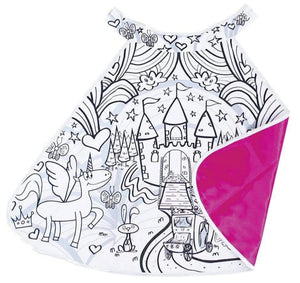 Great Pretenders Princess Color in Cape, designed for ages 4-7, features whimsical black-and-white illustrations of a unicorn, castle, and butterflies that kids can color in themselves. With its soft pink lining, this cape is a magical addition to any princess costume.