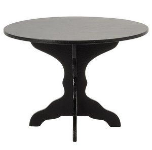 The Maileg Miniature Coffee Table is a small, round, anthracite-colored table with a pedestal base, perfect as an FSC wood coffee table or a stylish addition to your Maileg dollhouse.