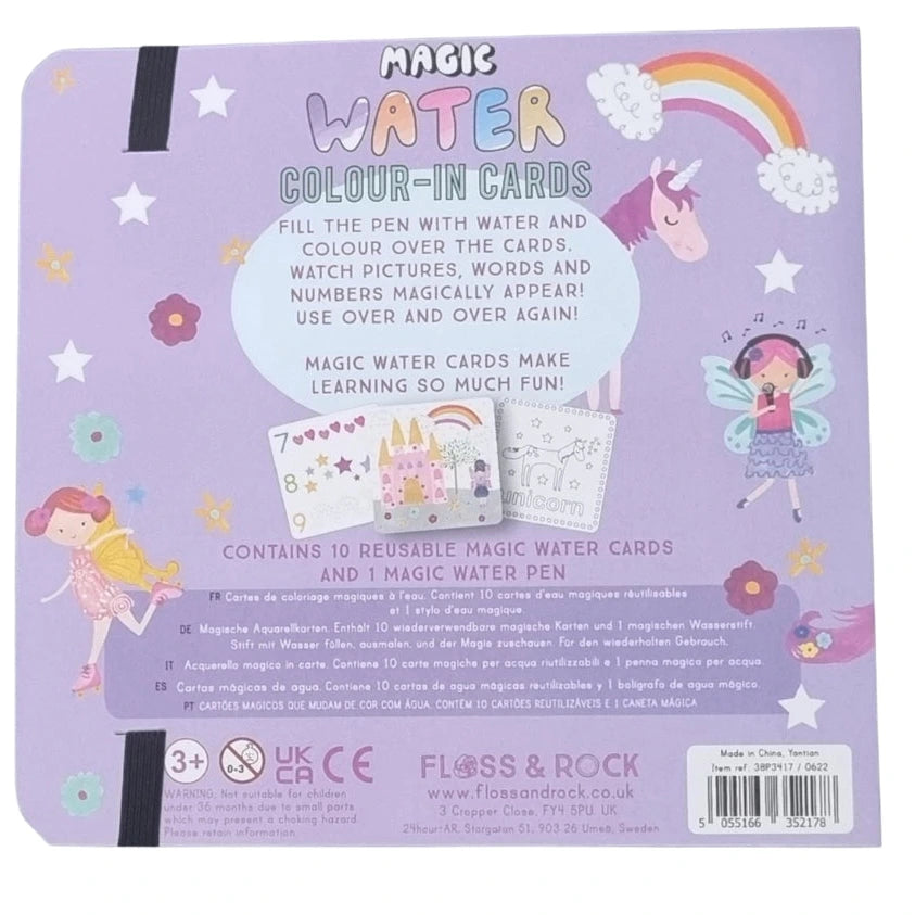 Box for “Fairy Unicorn Water Pen and Cards” by Floss and Rock, featuring cartoon unicorn, fairy, rainbow, and product details. Includes reusable coloring cards and a magic water pen—making it the perfect gift for kids.