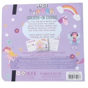 Box for “Fairy Unicorn Water Pen and Cards” by Floss and Rock, featuring cartoon unicorn, fairy, rainbow, and product details. Includes reusable coloring cards and a magic water pen—making it the perfect gift for kids.