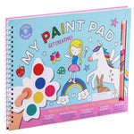 The Floss and Rock Rainbow Fairy My Painting Pad art kit features a charming cover with a girl, unicorn, rainbow, and hearts; includes a spiral-bound paint pad, handy paint palette, paint brush, and pictures ready for painting.