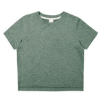 The Boys' Cove Essential Tee by Rylee & Cru, in heather green poly tech fabric with short sleeves, is laid flat on a white background.