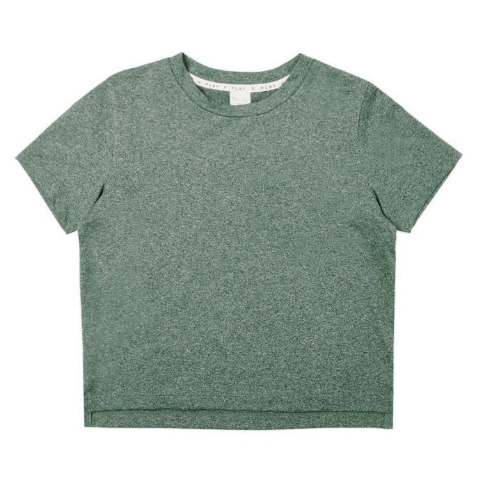 The Boys' Cove Essential Tee by Rylee & Cru, in heather green poly tech fabric with short sleeves, is laid flat on a white background.