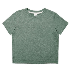 The Boys' Cove Essential Tee by Rylee & Cru, in heather green poly tech fabric with short sleeves, is laid flat on a white background.