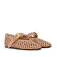 The Zimmermann Alchemy Ballerina features tan leather, braided weaving, pointed toes, gold hardware buckles, and a closed heel on a white background.